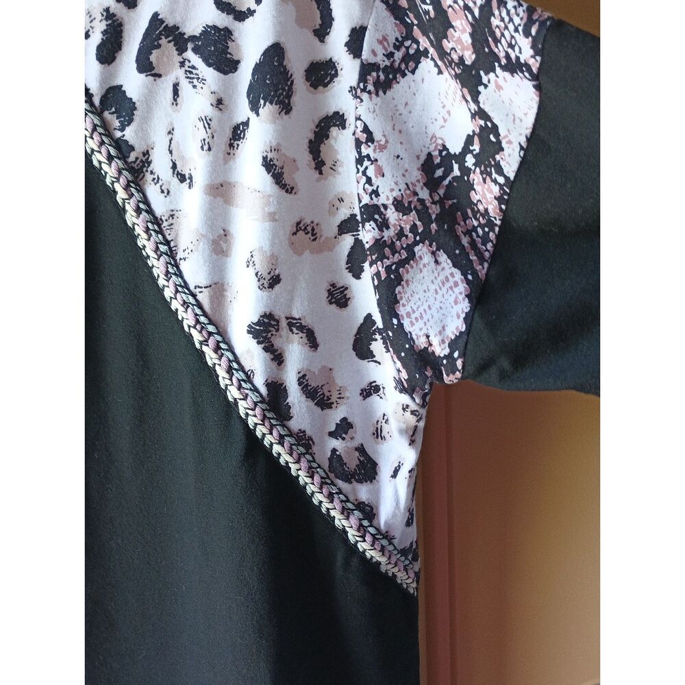 Mixed Animal Print Raglan Long Sleeve Top Rainbow Braided Trim S - Picture 2 of 5